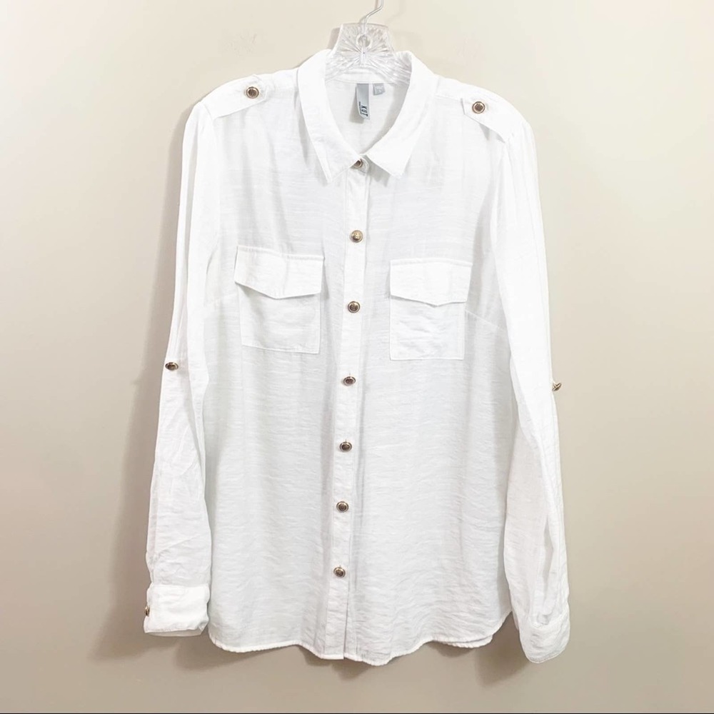 Kut From The Kloth Gold Button Down Roll Tab White Long Sleeve Top
